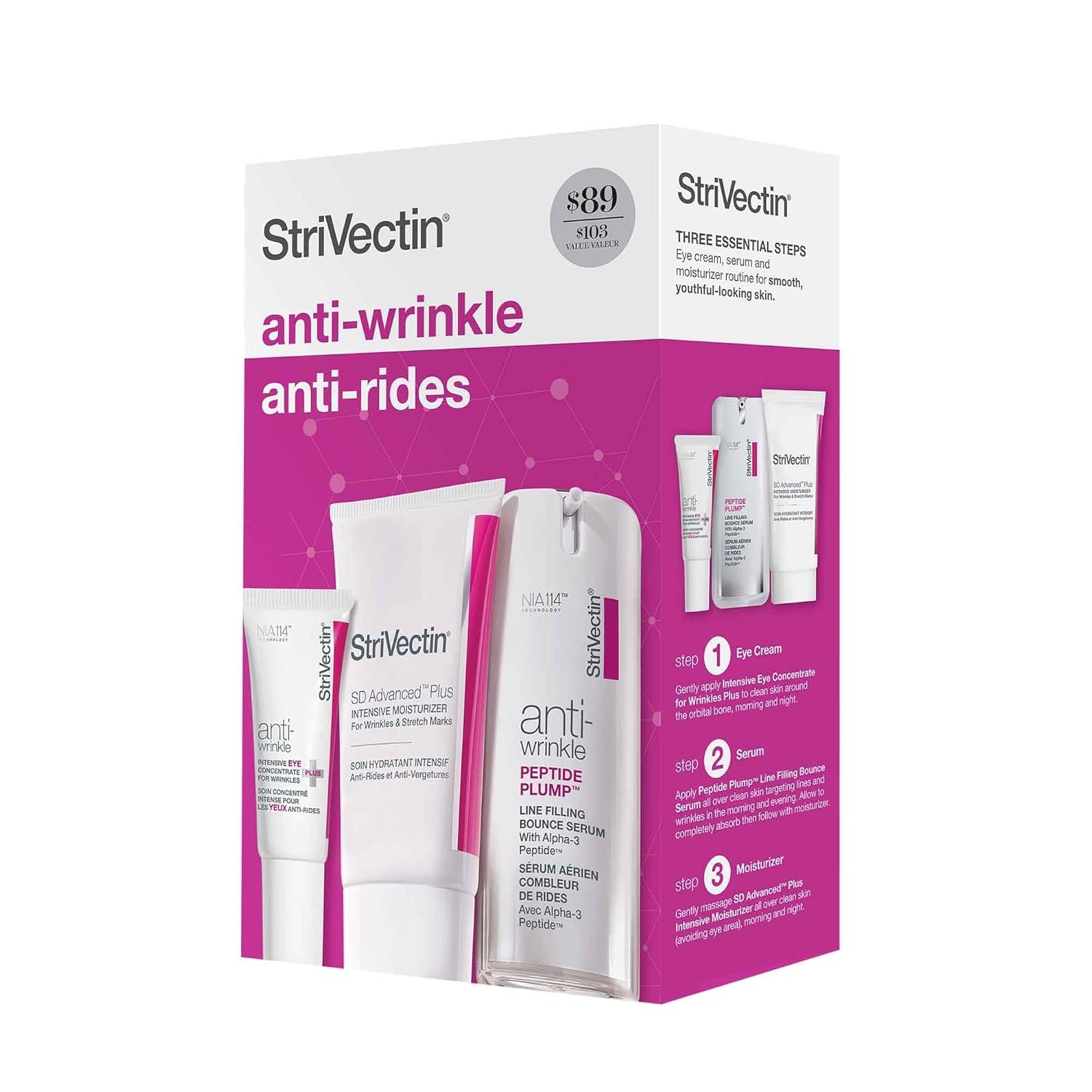 Strivectin anti Wrinkle Trio Kit for Face & Eyes, 3 Piece Kit with SD plus Moisturizer, Peptide Plump Line Face Serum, & Intensive Eye Concentrate Wrinkle Cream, Anti-Aging for Wrinkles and Fine Lines