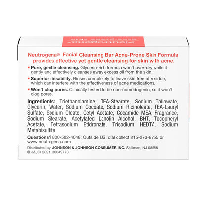 Neutrogena Facial Cleansing Bar for Acne-Prone Skin, Gentle Non-Medicated Daily Cleanser, Non-Comedogenic Transparent Soap with Glycerin, No Dyes or Detergents, 3.5 Oz